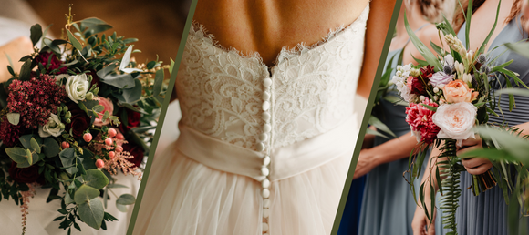 A visually appealing collage showcasing wedding elements: on the left, a lush bridal bouquet with burgundy, pink, and white flowers complemented by greenery; in the center, a close-up of the intricate lace back and button detailing of a wedding gown; and on the right, bridesmaids holding vibrant floral arrangements with soft peach, pink, and red blooms, accented by ferns and textured greenery.